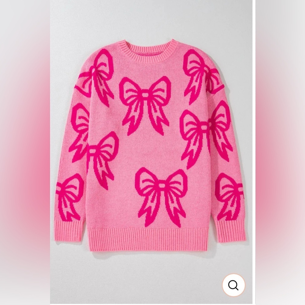 Pink Bow Knit Sweater – Oversized Fit, Size L, Like New!
